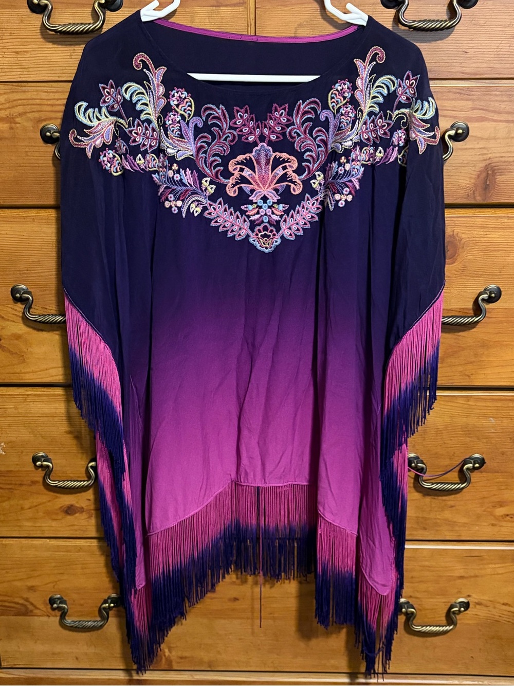 Johnny Was Purple Ombre Embroidered Fringe Poncho